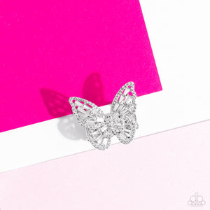 Bright-Eyed Butterfly - White/Silver Ring - Paparazzi Accessories #52 (BT)